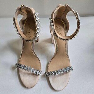 BADGLEY MISCHKA JEWEL Mayra Ankle Strap Open Toe Evening Shoe Champagne Sz 8.5
